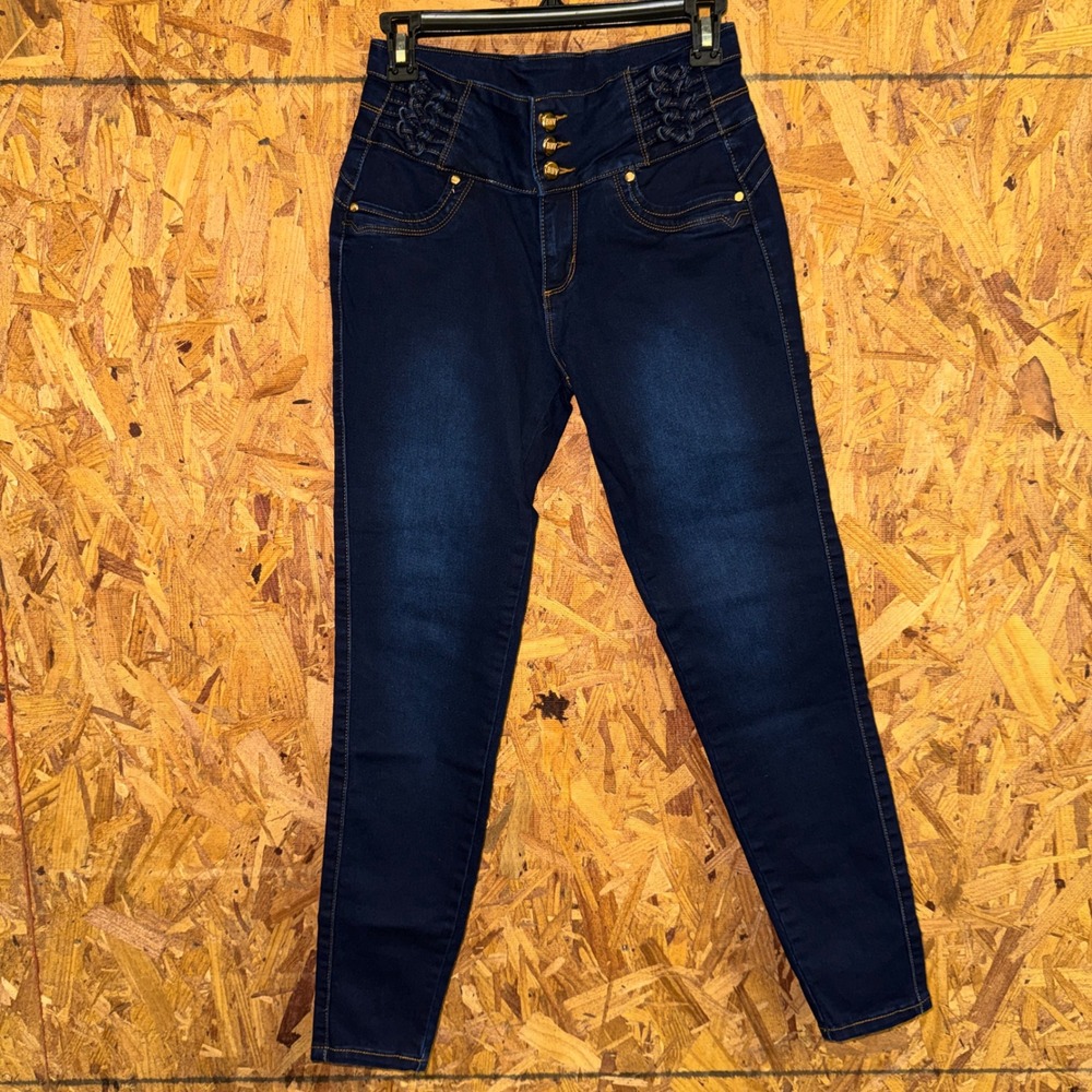 Y2K Dark Wash Denim Skinny Jeans Braided Knot Accent Streetwear Hip Hop Junior 5